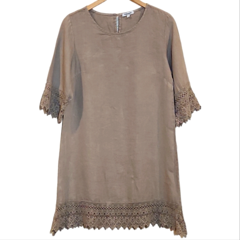ROSEMARINE XS FLAX MUD LINEN COTTAGE EMBROIDERED LACE MIDI DRESS - Picture 1 of 6